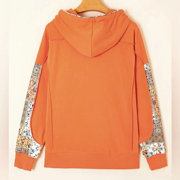 NWT Women’s Floral Patchwork Hoodie with Drawstring Orange Size Large - Picture 2 of 8